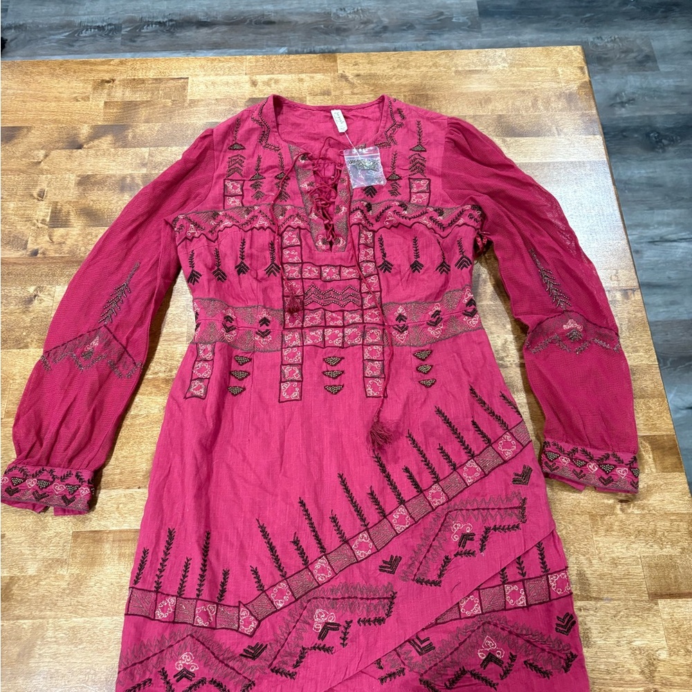 Free People Fuchsia Embroidered Long Sleeve Dress